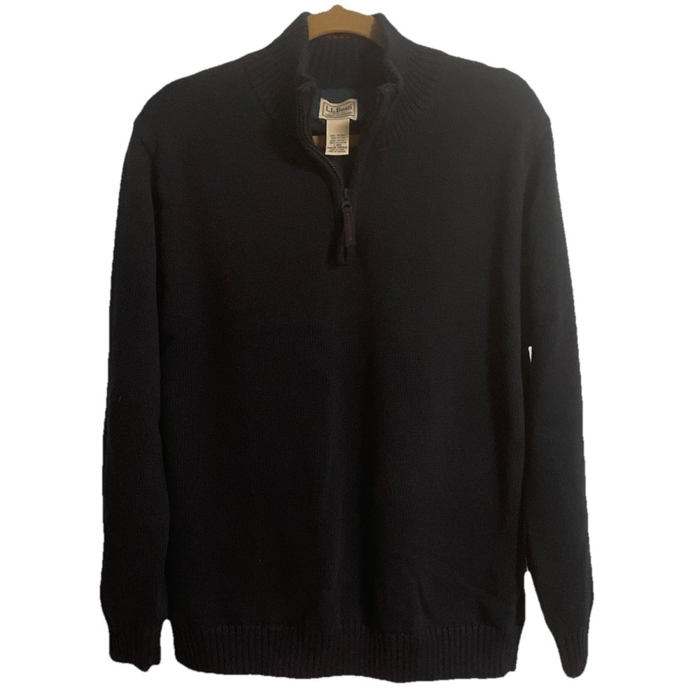 Mens Large LL Bean Cotton Knit 1/4 Zip Navy Sweater Heavy Weight Fully Lined